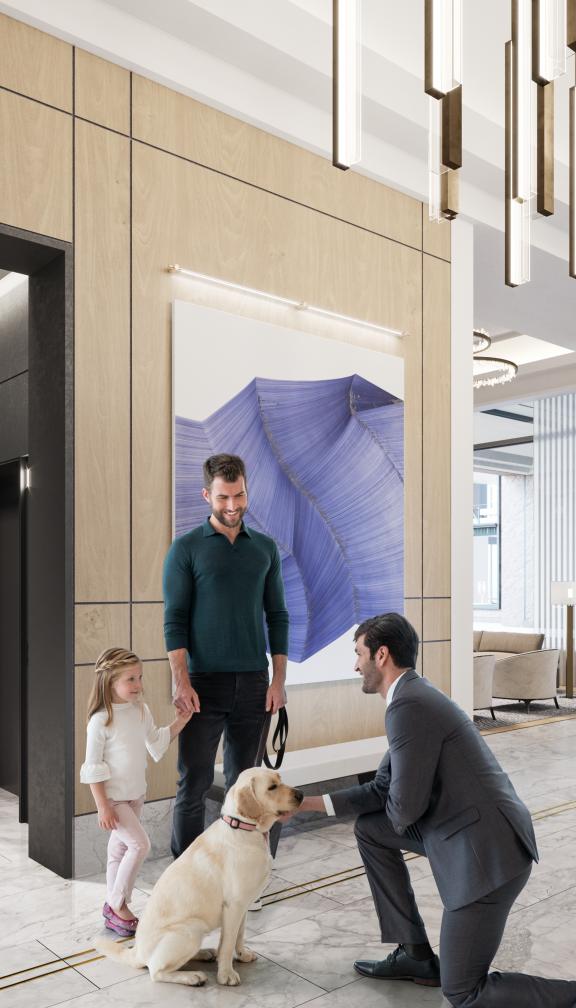 The modern marble lobby of The Quinn residences in Boston