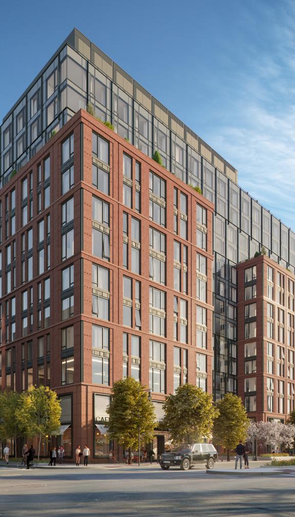 Concept image of exterior corner of the Quinn residences in Boston